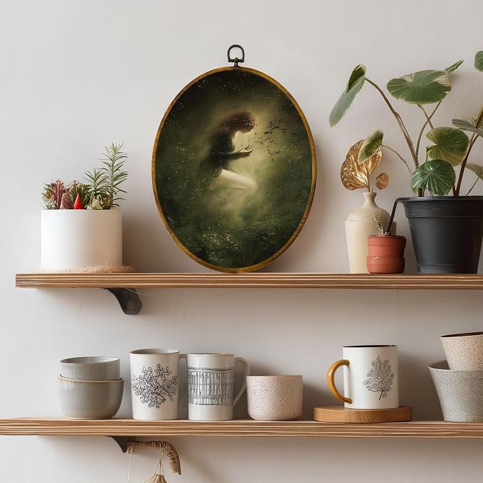 zewepri Forest Nymph Dark Academia Oval Canvas Art | 8.5x11.5 in oval framed canvas with ethereal forest nymph and twigs, mystical vintage decor for bedroom or living room.