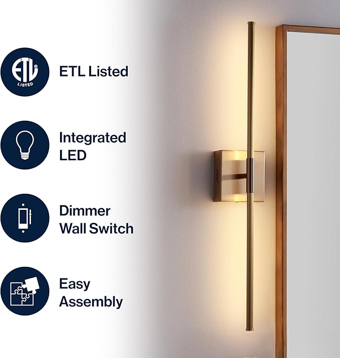 JONATHAN Y Makena 28" 1-Light LED Wall Sconce, Brass Gold | Dimmable, Modern, Integrated 12W, Hardwired, Sleek Metal, Ambient, Bathroom Mirror, Bedroom, Hallway, Vanity Mount