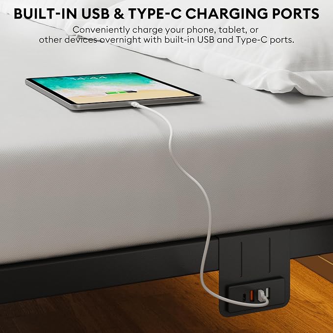 King Size Bed Frame with Headboard - Metal Platform Bed with LED Lights, Charging Station, Under Bed Storage and Heavy Duty Steel Slats Support - No Box Spring Needed, Easy Assembly, Black