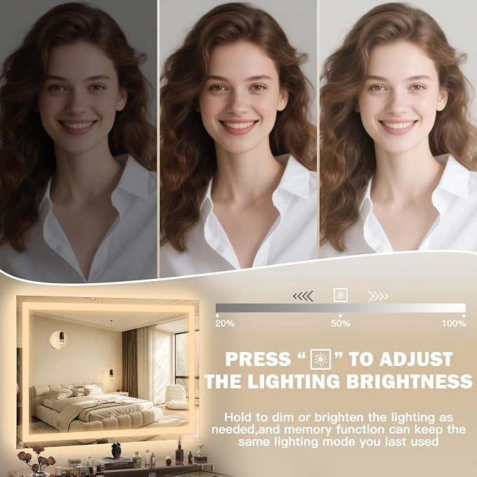 ROLOVE 38"x28" Inch Large Lighted Vanity Mirror, 3-Color Lighting & Dimmable Modes, LED Makeup Mirror for Bathroom/Dressing Room (Wall/Tabletop Mount, White)