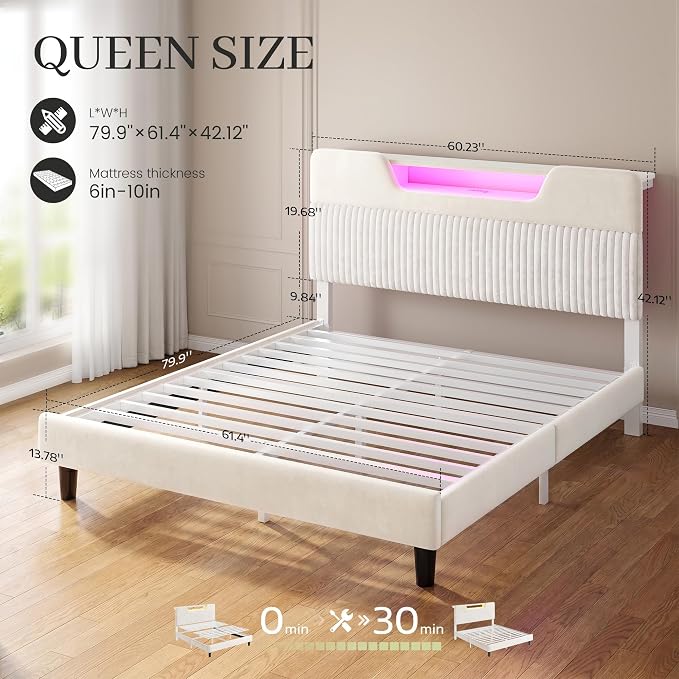 Homkdom Queen Bed Frame with Charging Station & Storage Headboard,White | 1USB-C & 2USB-A Charging, RGB LED Lights,7.78" Under-bed Storage,Velvet Upholstered Headboard,No Box Spring,Easy Assembly.