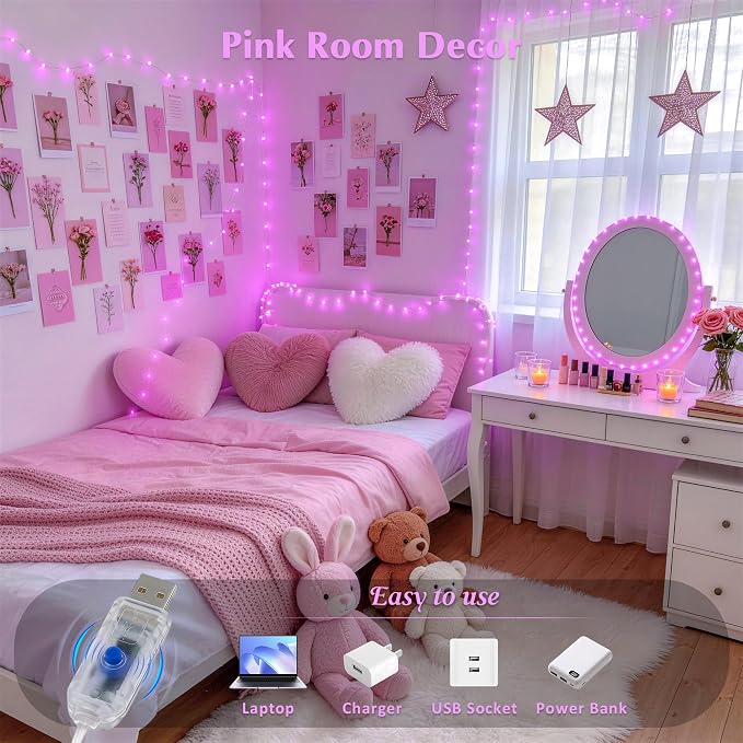 JMEXSUSS Pink Fairy Lights Plug in, 33ft 100 LED Pink String Lights Indoor | Pink Twinkle Lights for Kawaii Gaming Girl Setup, Dorm Birthday Decor, Aesthetic Room Decor for Teen Girls,Gift for Her
