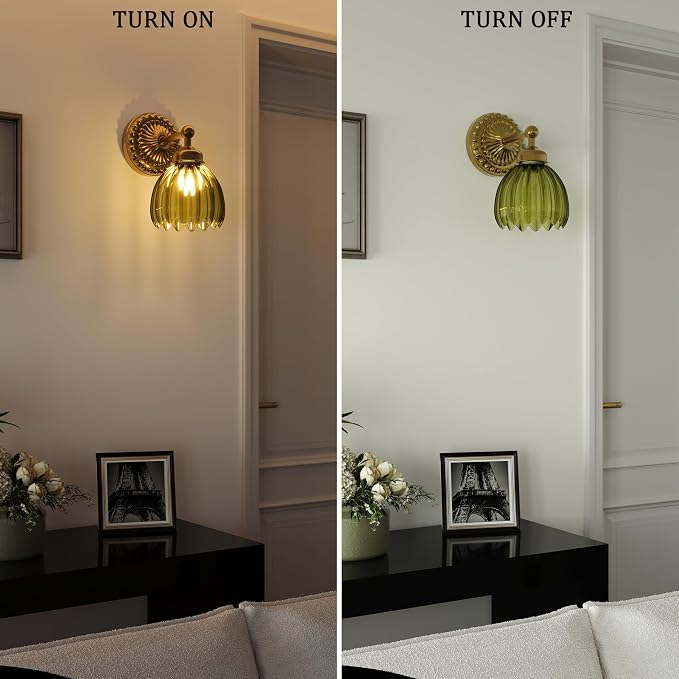 Battery Operated Wall Sconce, Vintage Wall Light, 2 Pack, Green Tulip Glass | Gold Metal Base, 5200mAh Rechargeable, Dimmable LED, Remote Control, Cordless, Bedside, Bedroom, Doorway, Living Room