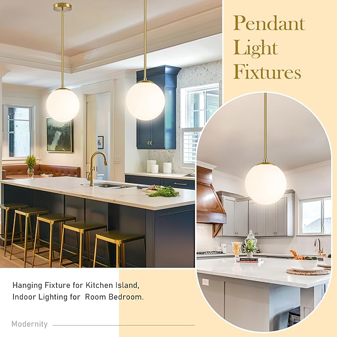 10" Globe Pendant Light Gold 2 Pack Mid Century Pendant Light Globe Pendant Lights Kitchen Island Brushed Brass Finished with Milk Glass Adjustable Ceiling Light Fixtures for Dining Room Bar