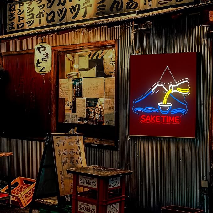 Sake Time Neon Signs for Wall Decor Bar Neon Light Up Bar Home Bedroom Sake LED Signs for Japanese Art Wall Decor Mount Fuji LED Light Gifts for Anime Lover Party