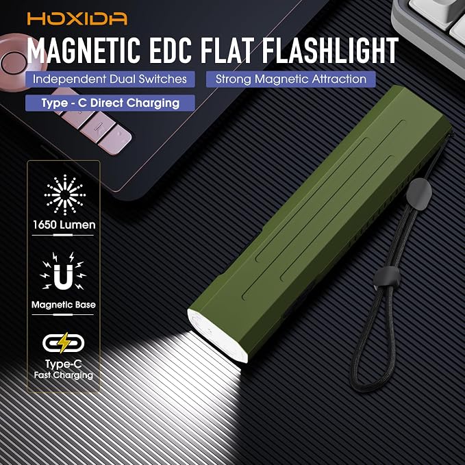 Hoxida Rechargeable EDC Flashlight High Lumens, Pocket Mini Flashlight with Tactical Strobe Button, Portable Magnetic Small EDC Flat Flashlight for Camping, Emergency,1pcs Green