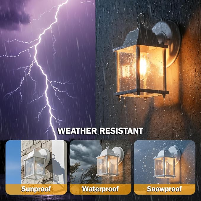 Outdoor Wall Light Fixture, Rustproof Aluminum, Clear Glass | Dusk to Dawn Exterior Porch Light Wall Sconce Lantern for House, Patio, Garage, Waterproof, E26 Socket 60W Max, White, 2 Pack