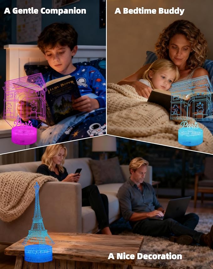 Eiffel Tower Night Light, 2 Patterns, Paris Themed 3D Illusion Lamp | 16 Color Changing, Dimmable, Touch & Remote Control, Arch of Triumph Bedroom Décor, Birthday Christmas Gift Dad Mom Kid