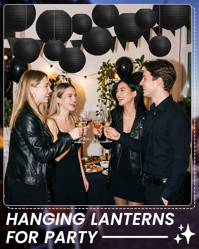 Treela 48 Pcs Paper Lanterns Party Decorations Round,Black | Chinese Hanging Lamps, Wedding, Party Supplies, Birthday Bridal, 4/6/8/10 Inch, Easy Setup, Asian Decor, Festive Atmosphere