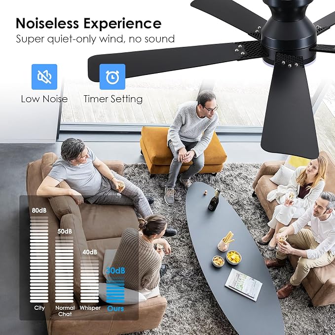 52 inch Ceiling Fans with Lights, Black Flush Mount Ceiling Fan with Remote, 3CCT, LED Dimmable, Reversible, 6 Fan Speeds, Quite Low Profile Ceiling Fan with Lights Modern Bedroom Kitchen Indoor