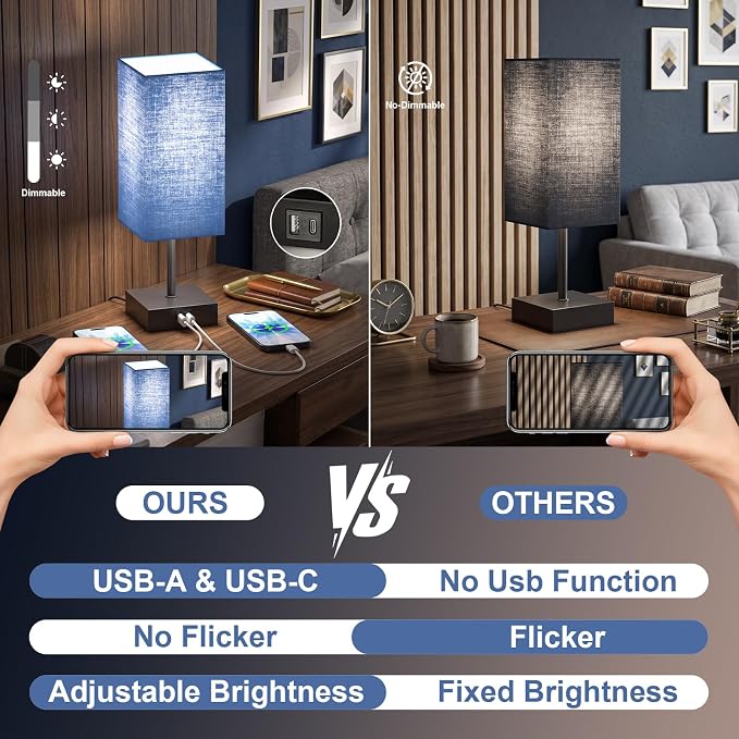Bedside Table Lamps for Bedroom Touch Nightstand Lamp with USB C+A | Set of 2 Navy Blue Lampshade 14-inch, 3 Way Dimmable, Small Bedside Lamps for Living Room ,Dorm, Office, LED Bulbs Included