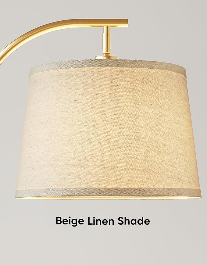 Dimmable Floor Lamp for Living Room, 65" Tall Metal Standing Lamp with LED Bulb, Mid Century Modern Arc Floor Lamp with Linen Shade for Bedroom, Reading Room, Office & Nursery, Gold and Walnut Color