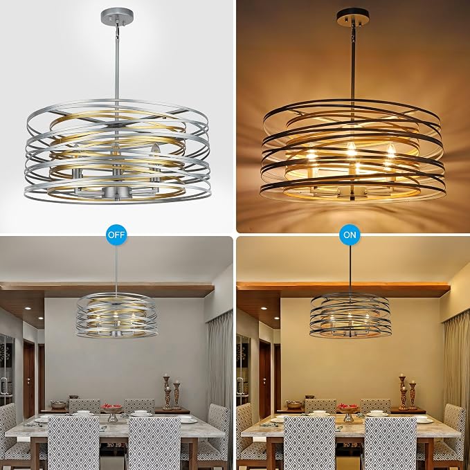 ACNKTZ 23.6'' Large Vintage Round Chandelier, 6-Light Modern Farmhouse Lantern Chandelier, Antique Double Drum Chandelier for Dining Room Entryway Kitchen Island Foyer, Silver with Gold Interior