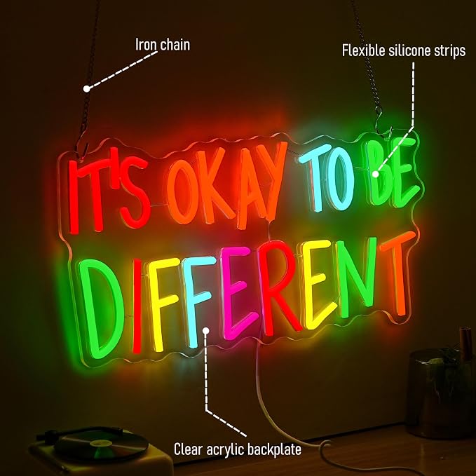 It's Okay To Be Different Neon Sign Multiple Colors Words Light Sign Dimmable Inspirational Affirmation Neon Light for Wall Decor Office Bedroom Pub Party Shop(16.54 * 8.66In)