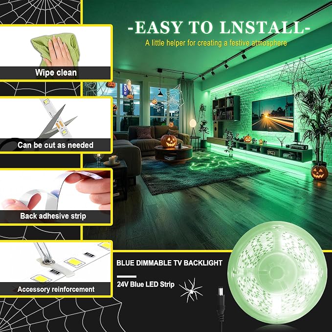 Green 30ft Led Lights Strip Halloween Decorations Indoor Rope Lights Easy DIY Cuttable Strip Lights for Room Bathroom Living Room Kitchen Ceiling Wall Vanity Mirror Decor
