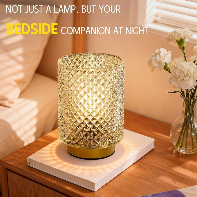 2 Pack Battery Decorative Operated Lamp,Small Accent Table Lamp with Timer for Bedside/shelf,Cordless Glass Ambience Lamp with Warm White Glow for Bookshelf/Entryway/Tabletop Decor(Iridescent Clear)