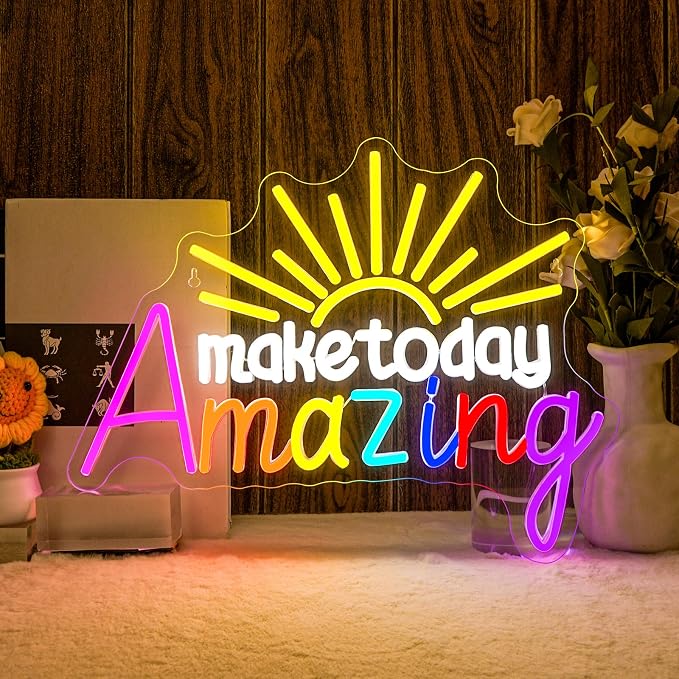 Horseneon Make Today Amazing Neon Sign Colorful Sun LED Light Neon Signs Wall Decor for Classroom, Library, Study Room & Bedroom, USB-Powered with Adjustable Brightness
