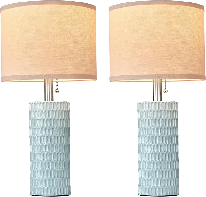 Reaketon 20.5" Modern Ceramic Table Lamps for Bedroom Set of 2, Bedside Lamps for Night Stands with Beige Lampshade, Farmhouse Table Lamp for Living Room Office Dorm, Sky Blue