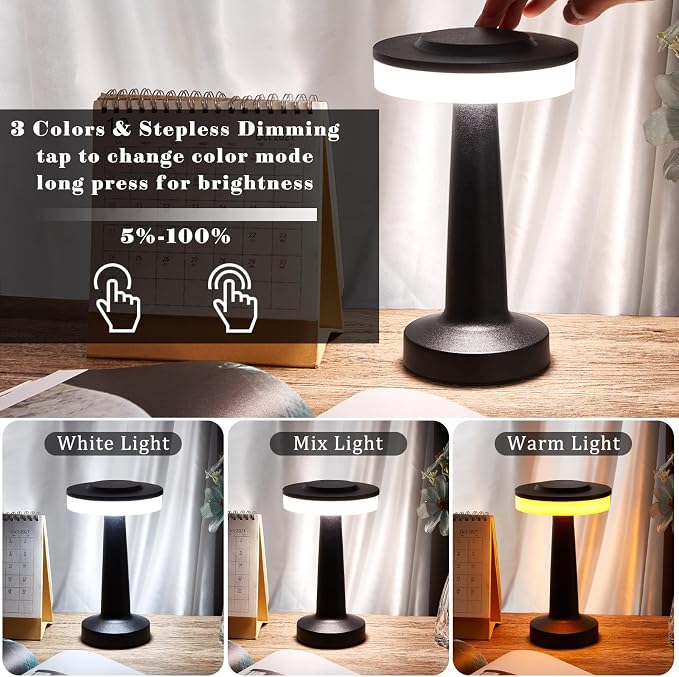Riakrum 1 Pcs Black LED Portable Cordless Table Lamp Bulk with Touch Sensor 3 Color Stepless Dimming Rechargeable Battery up to 15 Hours Cordless Table Light Wireless Lamp Wedding Home