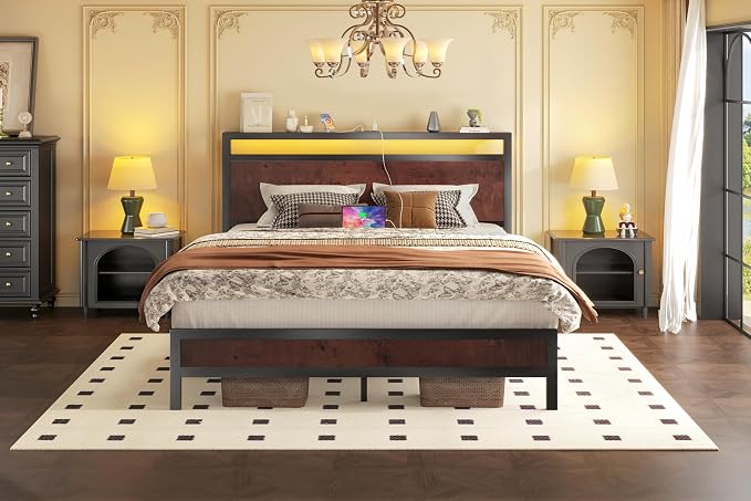 Fluest Full Bed Frame with Headboard & Footboard, Full Bed Frame with Built-in Charging Station & LED Light, Storage Shelf, Noise-Free, No Box Spring Needed, Easy Assembly, Coffee Brown