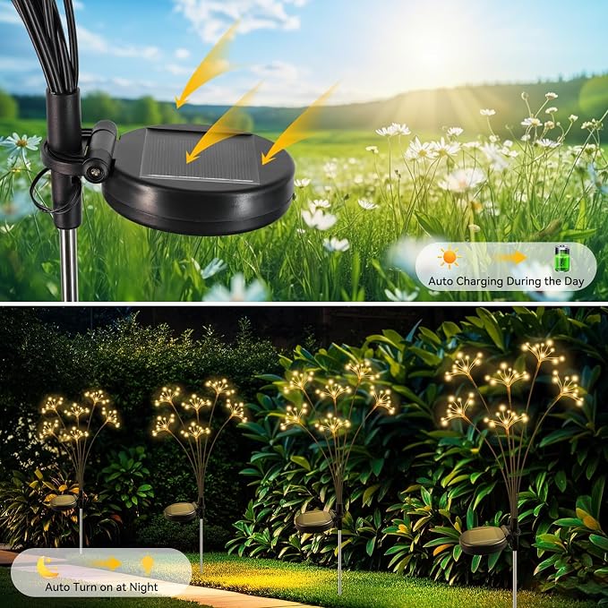 Solar Garden Lights, New Upgraded 6 Pack Solar Swaying Starburst Light, Waterproof Fireworks Outdoor Lights, Yard Patio Pathway Decoration, Warm White