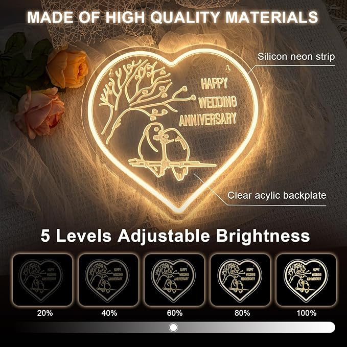 Lucunstar Wedding Neon Sign Happy Anniversary LED Sign for Wall Decor Valentines Day LED Light Love Signs Heart Decor in Wedding Party Bedroom Home Love Gifts for Couple in Anniversary Party