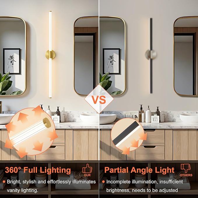 Gold Wall Sconces Set of 2 Hardwired LED Vanity Light 39"