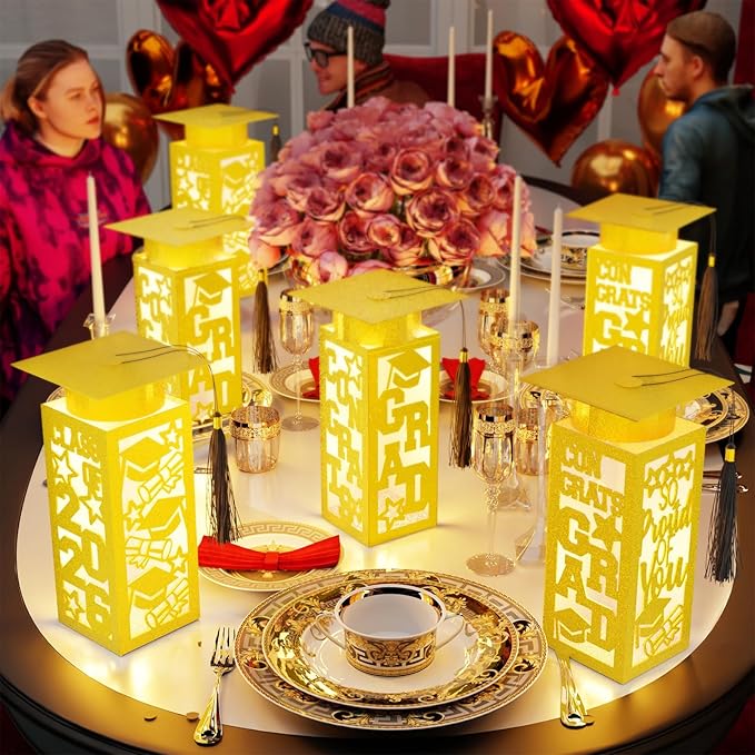 12 Pcs Graduation Table Centerpieces Boxes Class of 2026, Golden Graduation Paper Lanterns Boxes with String Lights Hollow Out for Congrats Grad School College Table Decorations Grad Party Photo Props
