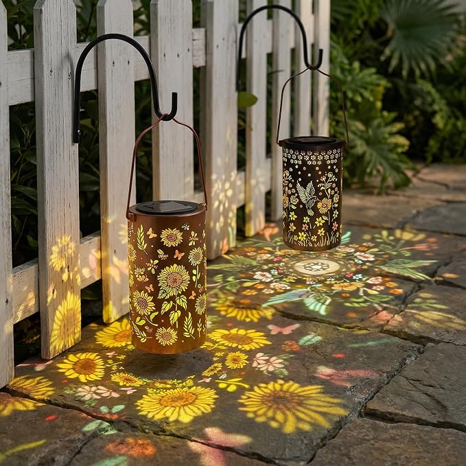 2 Pack Colorful Solar Lanterns Outdoor Waterproof, Garden Decor Gifts for Women Mom Grandma - LED Sunflower and Hummingbird Solar Powered Lights Metal Hanging Lantern for Outside Garden Patio Yard