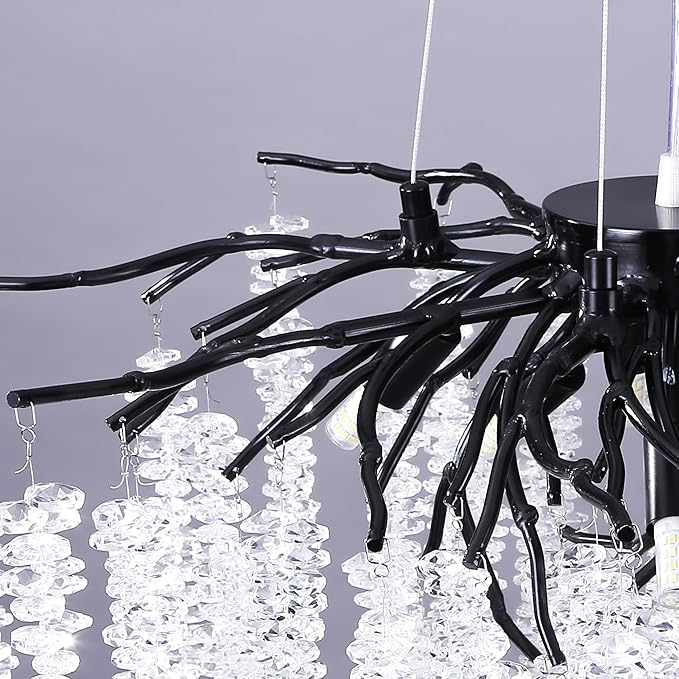 Tree Branch Chandelier L39.5 Inch Black Luxury Rectangular Crystal Raindrop Pendant Light 12 Lights Kitchen Island Hanging Light Fixture for Living Room Dining Room Foyer Entryway