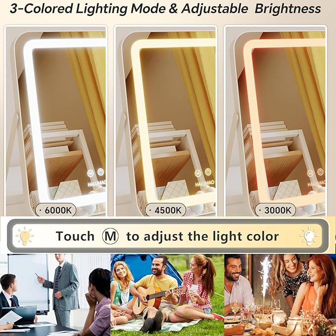 14.5" Rechargeable Vanity Mirror with Lights, 3500 mAh Lighted Makeup Mirror, Smart Touch 3 Colors Dimmable, Tabletop Mirror for Makeup Desk, Memory Function