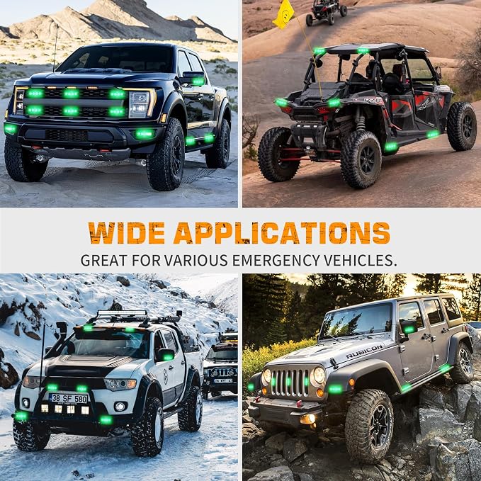 8PCS Sync Grill Strobe Lights 32 LED Green Emergency Lights | Grille Surface Mount Warning Safety Hazard Caution Light for Tow Plow Trucks Construction Vehicles, Car, ATV, UTV, Motorcycle