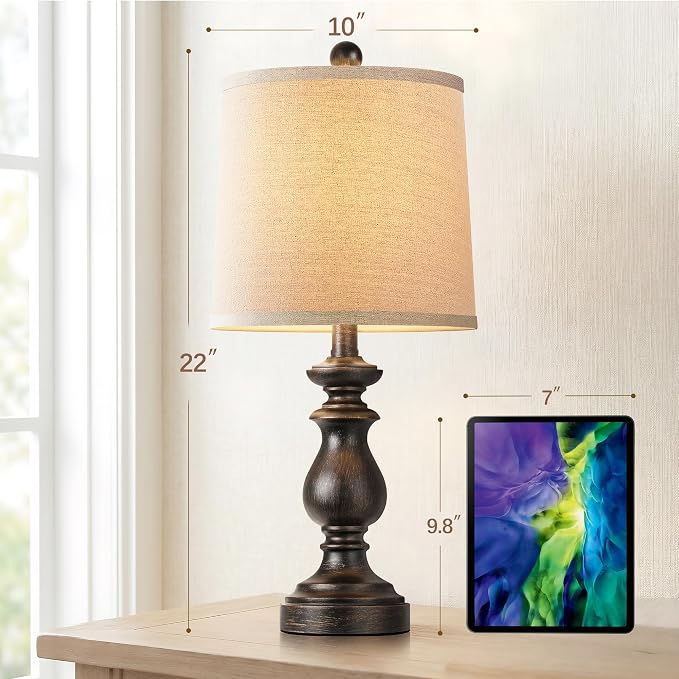 Traditional Table Lamp Set of 2, Rustic Farmhouse Table Lamps for Living Room Bedroom, 22" Bedside Desk Lamps Vintage Nightstand Lamps with Linen Shades, Oil Rubbed Bronze