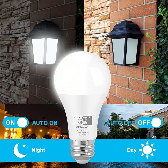 Qualilux Dusk to Dawn A19 LED Light Bulbs Outdoor, 850 Lumen, 60W Equivalent, Daylight Deluxe 6000K, 9.5W, E26 Base, 4-Pack, HQ-H010