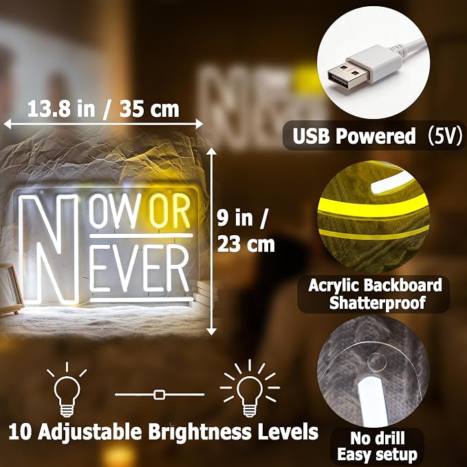 Positive Neon Lights Signs Neon Sign Led Sign Light for Wall Decor | Now Or Never Neon Sign for Room Decor,Positive Decoration,Motivational Wall Decor,Gift,5V USB Powered Dimmable
