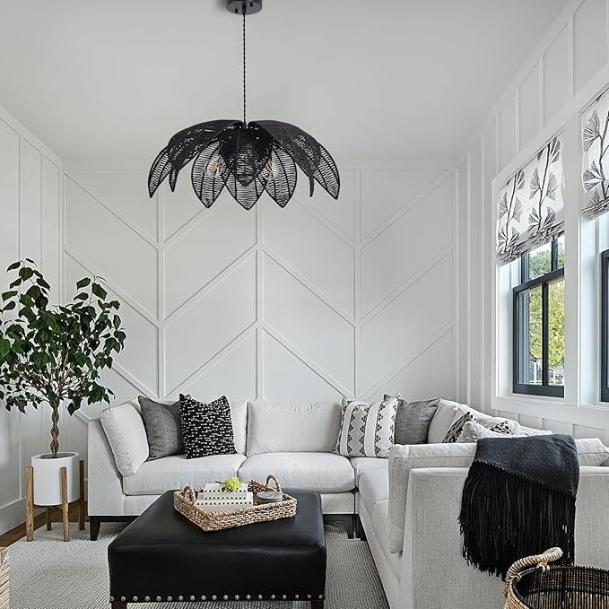 24” Black Boho Large Rattan Chandelier Light Fixture,3-Light Hand Woven Flower Chandelier Farmhouse Wicker Pendant Light for Kitchen,Living Room,Dining Room,Foyer, Bedroom