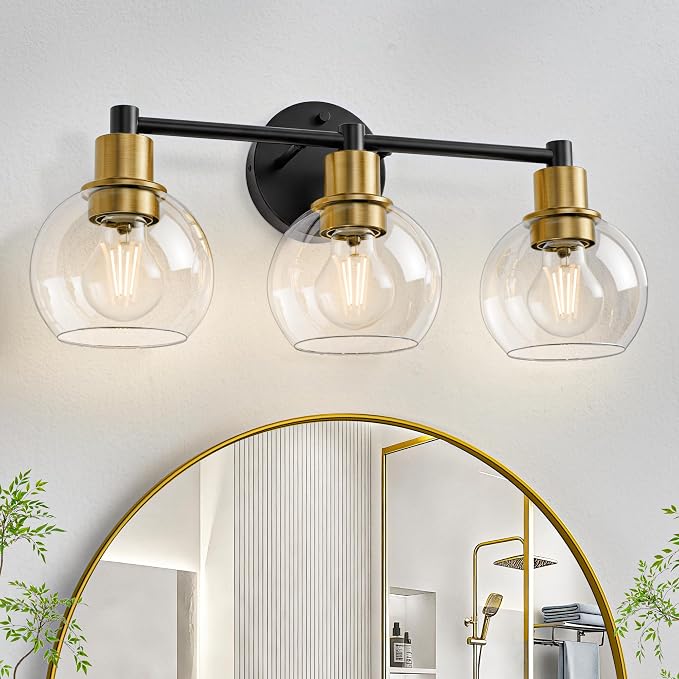 3 Light Bathroom Light Fixtures, Black and Gold Bathroom Vanity Lights, Modern Vanity Lights 3-Light Globe Bathroom Vanity Lighting Fixture Over Mirror