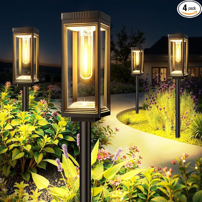 LETMY Solar Pathway Lights Outdoor, 4 Pack IP65 Waterproof Solar Path Lights with Auto On/Off, Bright Garden Lights for Landscape, Patio, Driveway & Yard