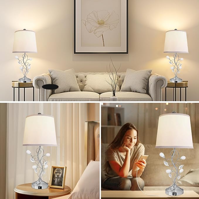 Sheetea 24.5’’ Set of 2 Table Lamps for Bedroom Living Room Bedside, Chrome | 2 USB Charging Ports, Farmhouse Rustic Style, Unique Leaf Design, Perfect for Bedrooms Nightstand End Tables Decor