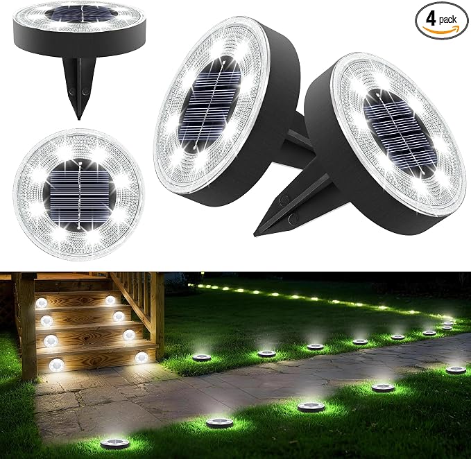 Joomer 2-in-1 Solar Lights Outdoor Waterproof, 4 Pack 8 LED, White | Solar Powered Garden Lights Ground Disc Landscape Lighting for Patio Pathway Lawn Yard Driveway Walkway Deck Step