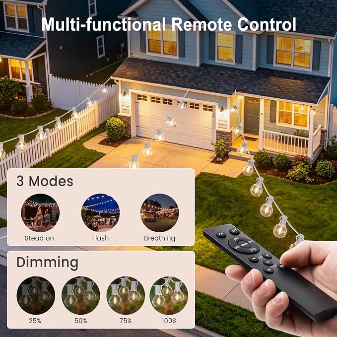 Outdoor-String-Lights with Remote 30FT Waterproof lights for Outside Patio | 12 inch Spacing,White Cord String Lights,Connectable Dimmable Patio Lights with Remote,Timer,3 Modes for Backyard, Bistro