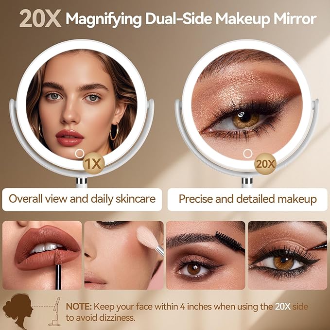 Travel Makeup Mirror with Lights, 1X/20X Lighted Makeup Vanity Mirror with Storage , 2-Sided Height Adjustable Magnifying Detachable Desk Mirror with 3 Color Lights, 360° Rotation & Rechargeable