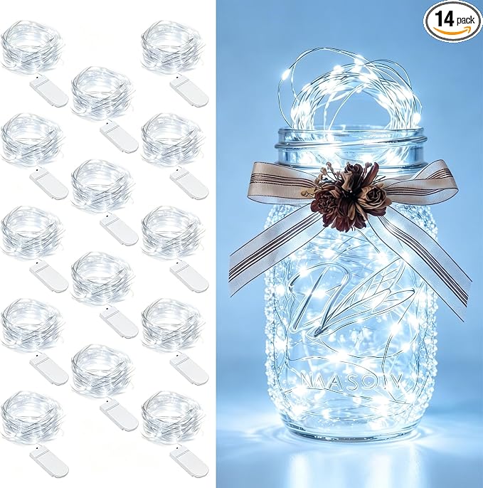 14 Pack Fairy Lights Battery Operated - 7ft 20 LED Twinkle Lights Copper Wire Mini String Lights Firefly Lights for Mason Jars DIY Crafts Christmas Wedding Party Centerpiece Table Decor, Cool White