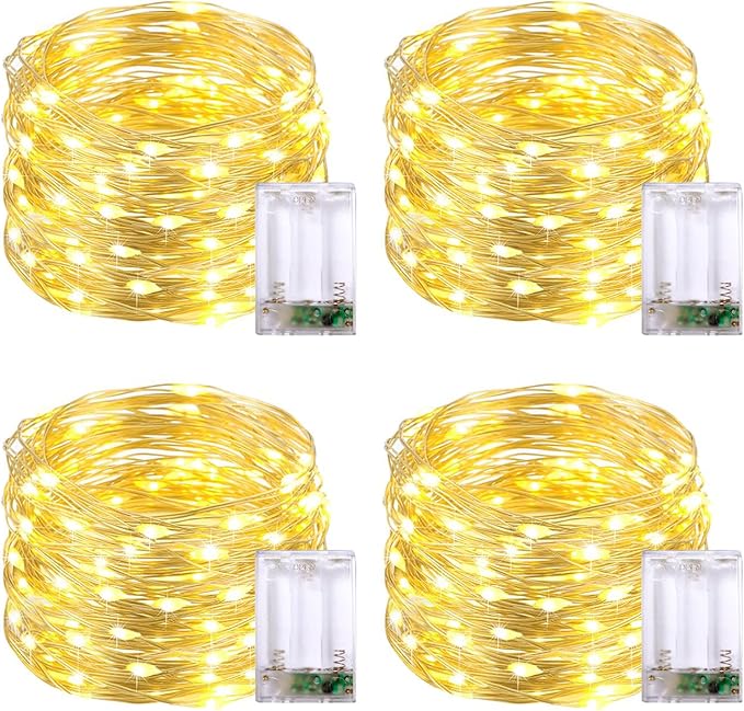 JMEXSUSS 4 Pack 50 LED Fairy Lights Battery Operated, 16.1ft Warm White Twinkle Lights Indoor Outdoor, Battery String Lights for Bedroom Classroom Dorm Wedding Party DIY Christmas Decoration