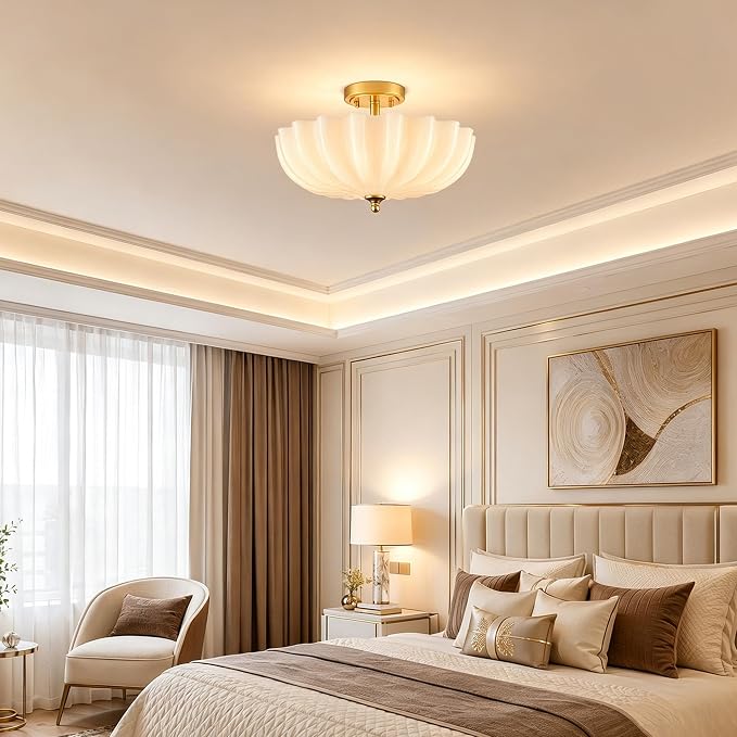 Modern Gold Milky Crackle Glass Semi Flush Mount Ceiling Light | Flower Scalloped Shade 3-Light Brushed Brass Ceiling Light for Bedroom Entryway Living Room