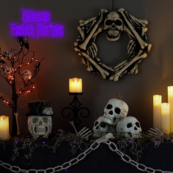 Welcome Foolish Mortals Neon Sign, Anime Fans Neon Light Spooky Gothic Haunted Mansion LED Coffin Decor USB Powered, for Horror Party Haunted House Man Cave Home Room Themed Bars(16.1 * 9.4 In)