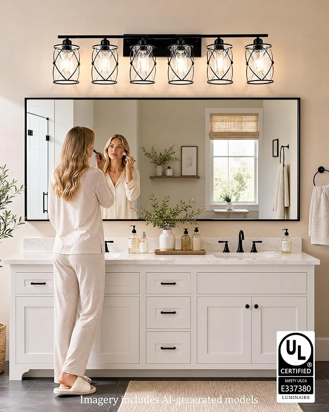 6-Light Matte Black Bathroom Light Fixtures Over Mirror, 42" UL-Listed Modern Wall Sconce Lights with Clear Glass and Metal Cage for Bath, Hardwire E26, CH9176BK-6W
