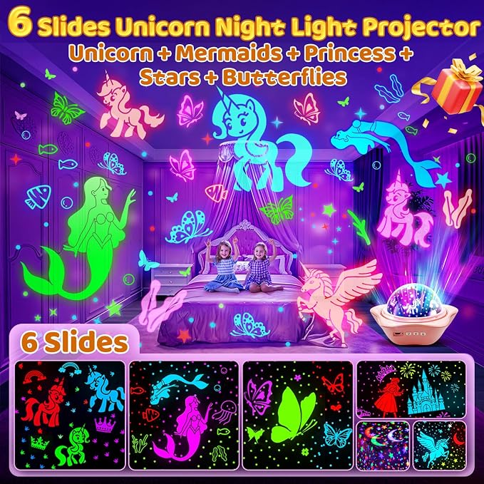 Unicorn Toys for Girls Gifts, 【6 Films+93 Colors+Rechargeable】Kids Night Light Projector, Unicorn Toys+Princess Toys+Mermaid Toy+Sensory Toys+Star Projector, Kids Sensory Toy for 3 Year Old Girl Gifts