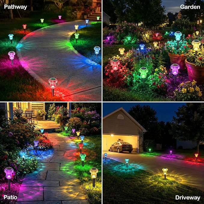 16 Pack Solar Lights Outdoor Color Changing Mushroom Garden Lights | Waterproof Pathway Yard Walkway Landscape Path Lighting for Outside, Auto On/Off Decorations, Acrylic Diamond-like Lampshade
