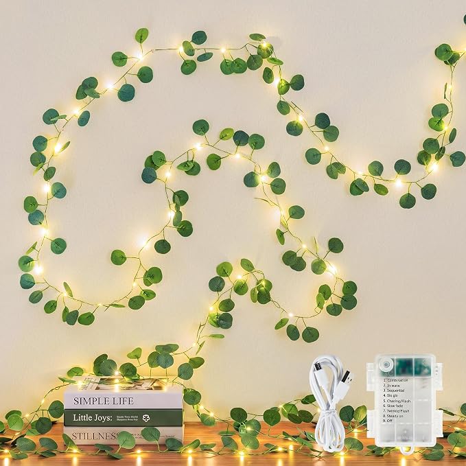 HEYFUNi 23FT Eucalyptus Garland with Fairy Lights, USB & Battery | 73 Leds, Timer & Memory & 8 Modes, Greenery Eucalyptus Leaf Vine Lights For Bedroom, Wall, Wedding, Party, Summer Dorm Decor